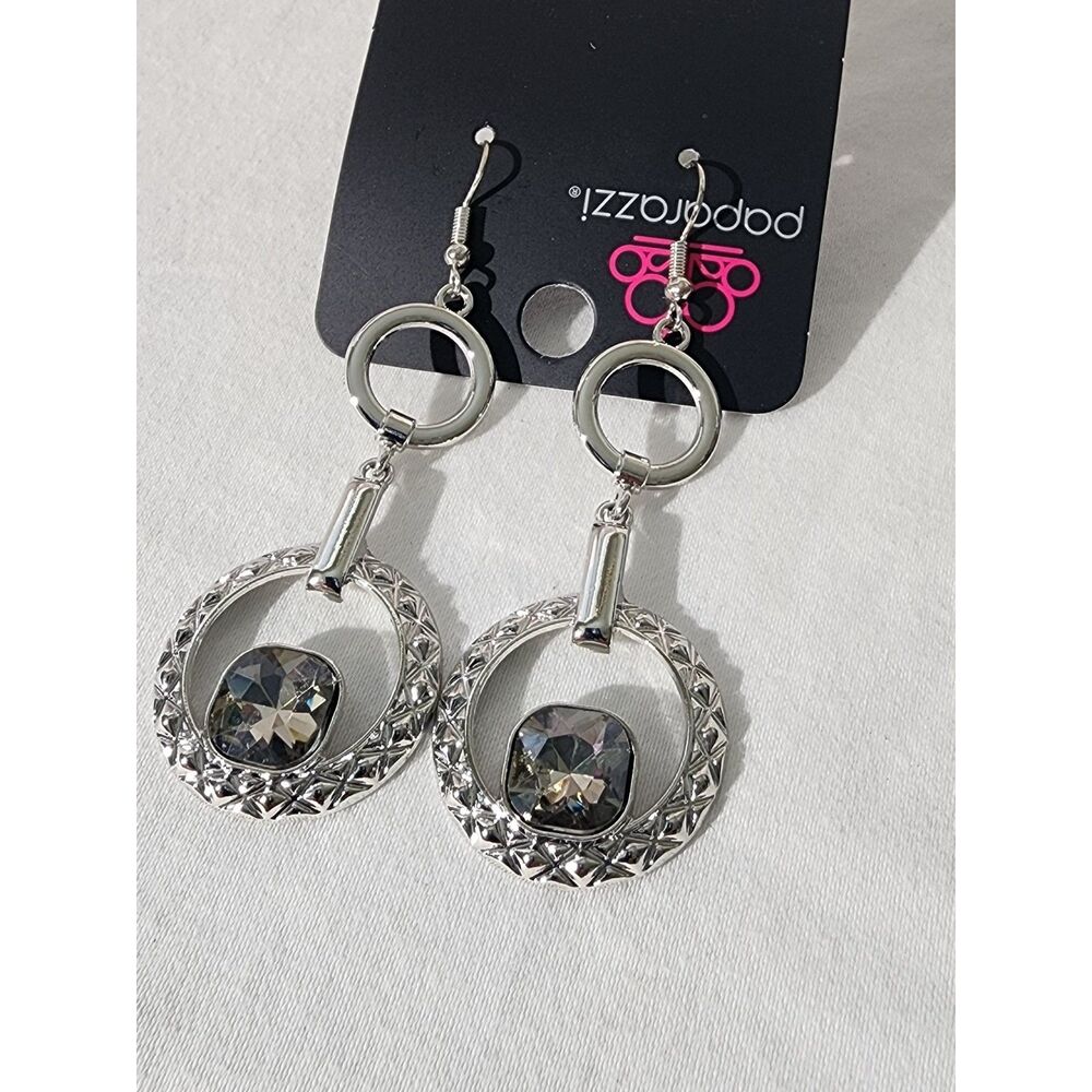 Paparazzi Silver Drop Earrings Smoky Rhinestone Ring Statement